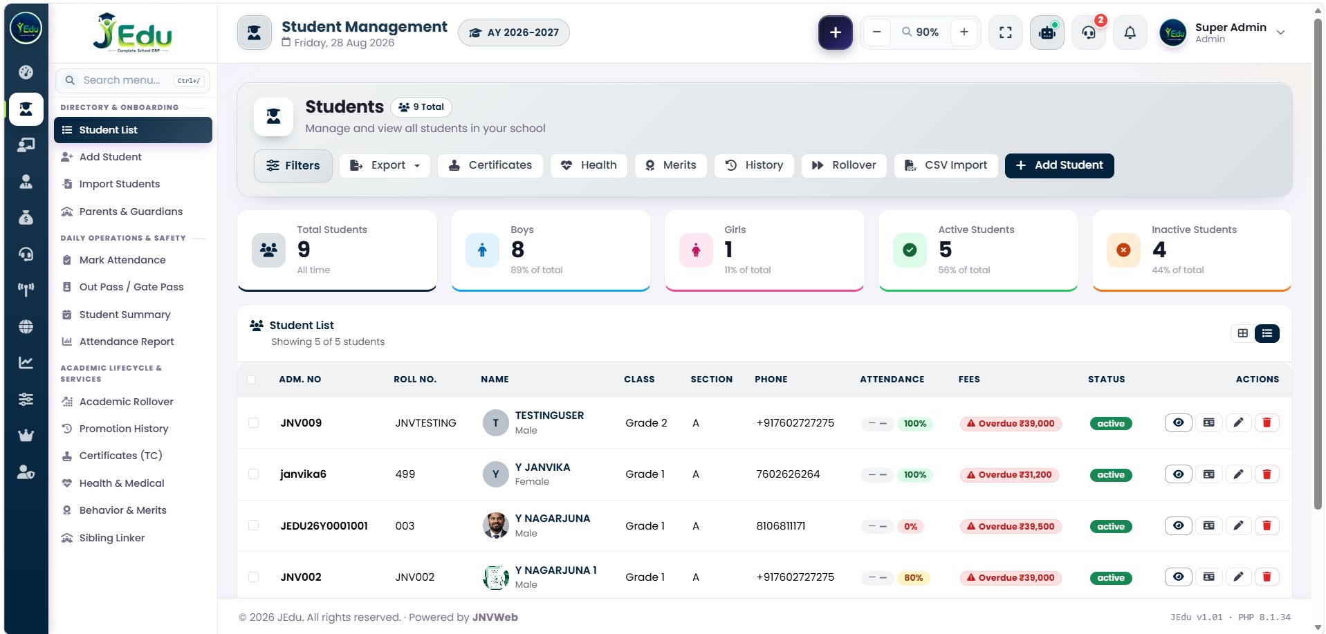 JEdu Student Management dashboard with student list, KPI cards, filters, and records